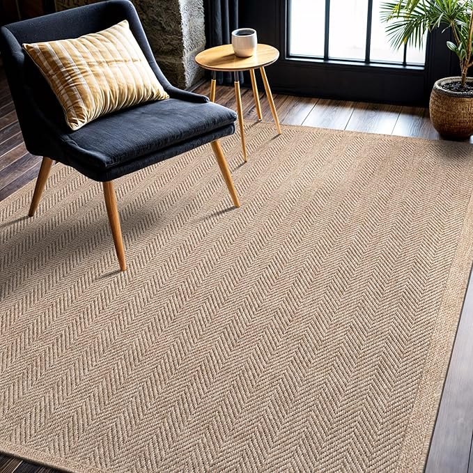 CAMILSON Easy Jute Rug 4x6, Indoor Outdoor Natural Color Fiber Area Rugs for Living Room Patio and Kitchen Rug Herringbone Seagrass Woven Design Easy-Cleaning Washable Outside Carpet Alfombras 4 x 6