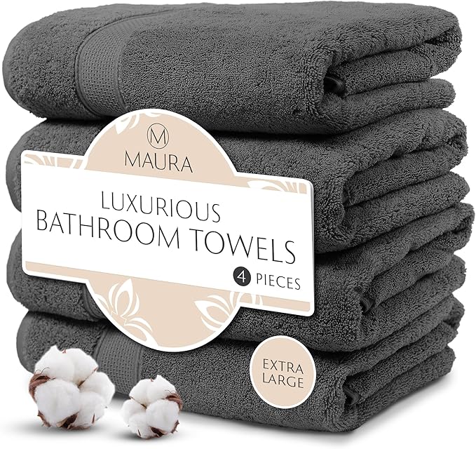 MAURA Grey Extra Large Turkish Cotton Luxury Bath Towels Set of 4. Ultra-Soft, Thick & Plush Towels for Bathroom - Space Gray