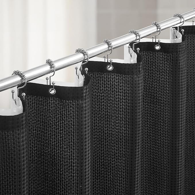 Lameirose Shower Curtain and Liner Set, 3 in 1 Waffle Shower Curtain Set with 12 Double Sided Shower Curtain Hooks, Fabric Shower Curtains for Bathroom, Black, 72 x 72