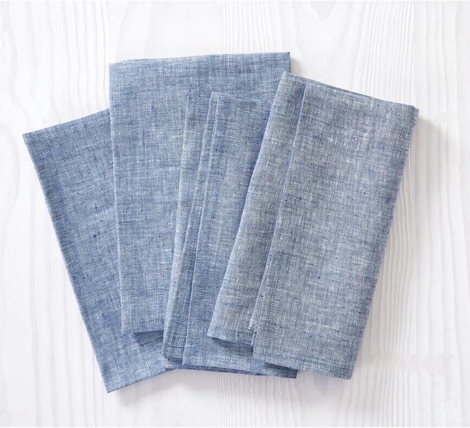 Solino Home Linen Cloth Napkins Set of 4-100% Pure Linen Chambray Indigo Dinner Napkins 20 x 20 Inch - Athena, Handcrafted and Machine Washable - Winter, Spring, Easter