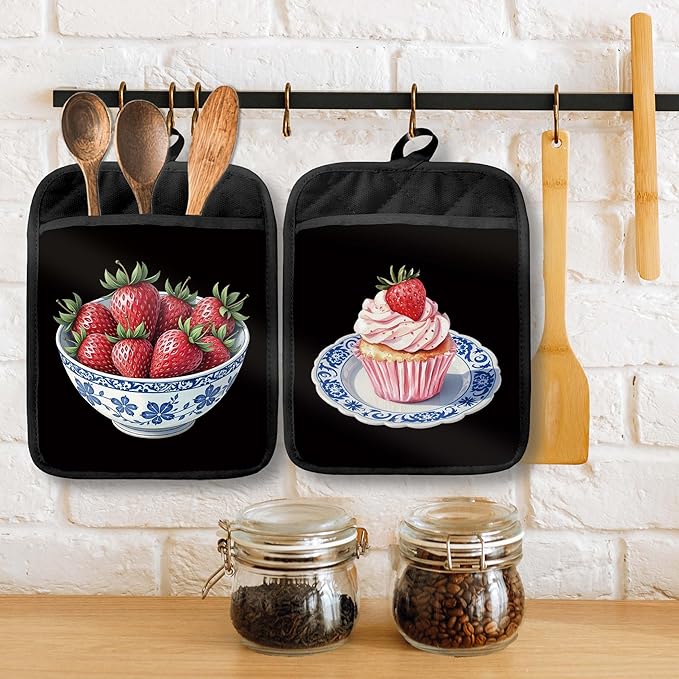 Chinoiserie Strawberry Cake Pot Holders with Pockets, Red and White Grandmillennial Strawberry Fruit Oven Pot Holders Heat Resistant Oven Mitts Hot Pads for Kitchen Baking Cooking