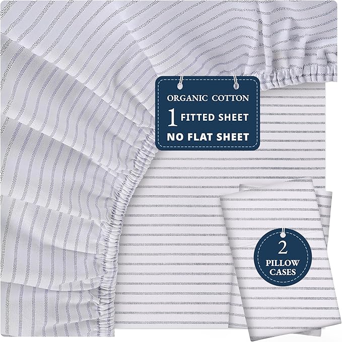 LANE LINEN 100% Organic Cotton Only Fitted Sheet Queen (Includes Pillowcases), 3 PC Set Soft Percale Weave, Queen Size, Soft, Breathable, Printed Fitted Fits Mattress Upto 15" Deep - Ticking Stripe