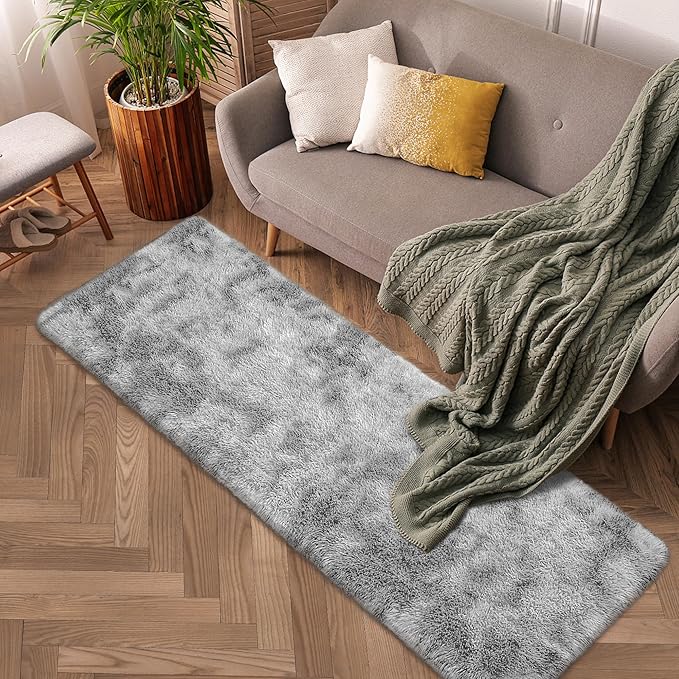 2x6 Grey Runner Rug for Bedroom, Soft Fluffy Runner Area Rug for Living Room Plush Gray Bedroom Rug Fuzzy Shaggy Carpet for Kids Room Dorm Nursery with Non-Slip Bottom