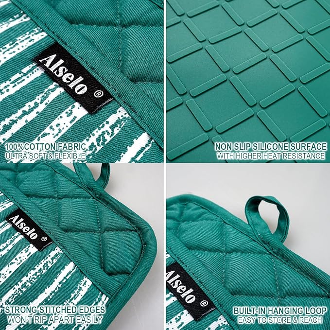 Silicone Pot Holders Set of 3 Heat Resistant & Non Slip Potholders, Professional Oven Hot Pads with Pockets Mitts for Kitchen Cooking Baking Barbecue (Emerald Green, 3)