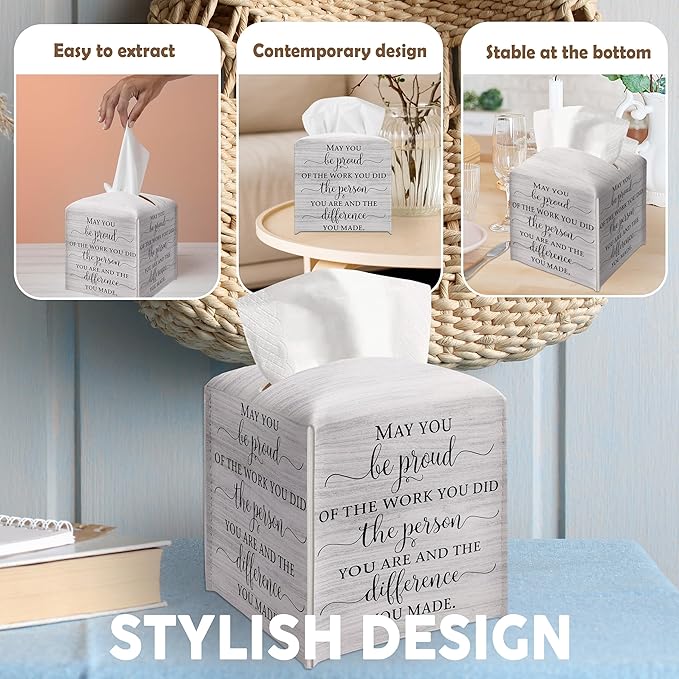 Decorative Tissue Box Cover Square, Wood Pattern Leather Tissue Box Cover Holder, Inspirational Quote Gift Ideas for Friends, May You Be Proud of Decor for Bathroom Office-(5.2 Inches) A30