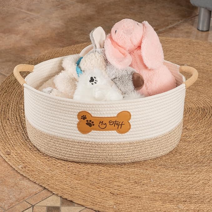 LILO DESIGN CO. Dog Toy Basket - Cotton Rope Dog Toy Bin With Handle - Cute Woven Pet Toy Box - Perfect Toy Basket For Pets - Storage Baskets For Organizing - Toy Box For Dogs