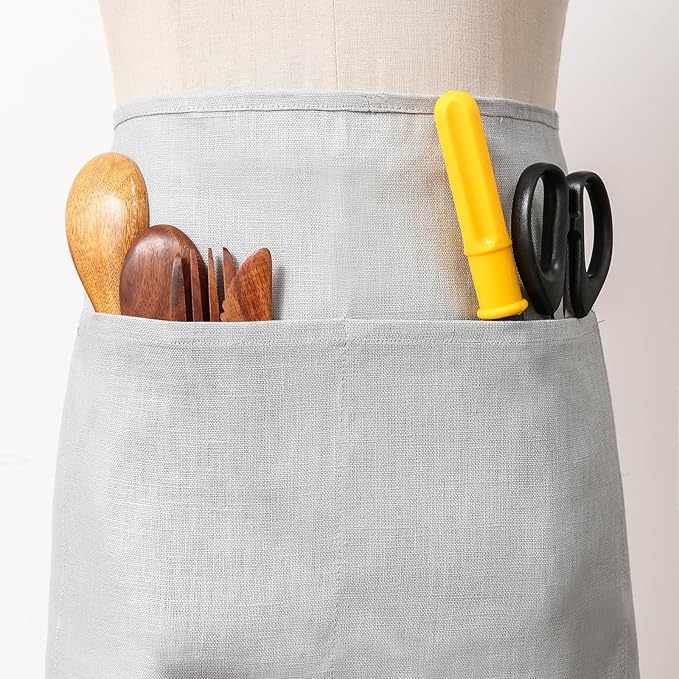100% Linen Bistro Half Apron, Waist Apron With 2 Pockets For Women Men Waitress Server Cooking Kitchen Restaurant