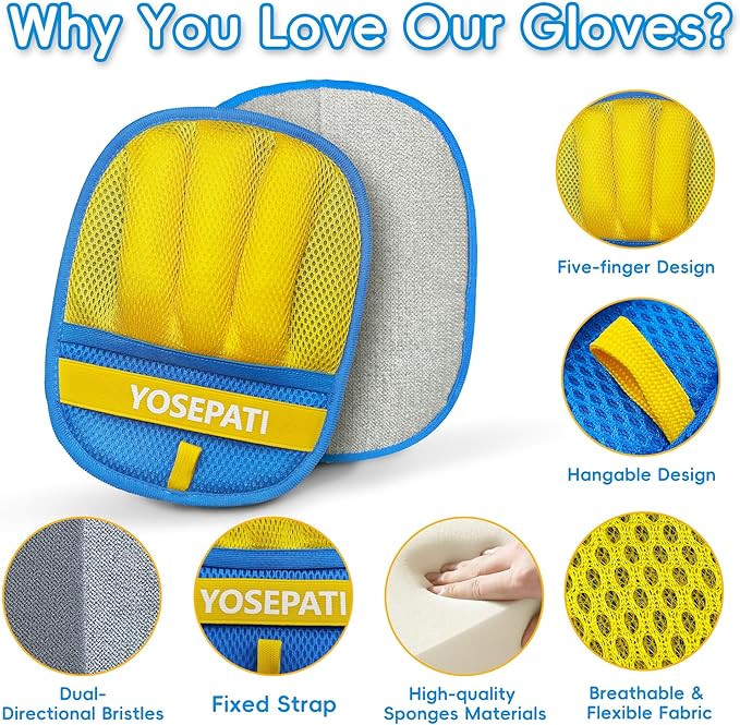 YOSEPATI Pet Hair Removal Glove, Five-Finger Magic Brush Electrostatic Mitt 2 PCs, Pet Hair Remover Tool for Dog & Cat, Reusable Pet Hair Gloves Pet Grooming Needs, Fur Remover for Couch & Clothing