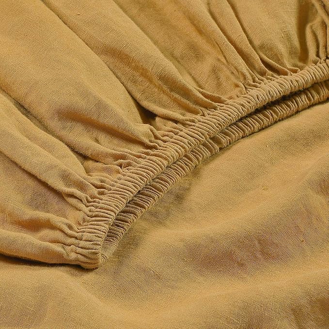 Sijo Stone Washed Organic French Linen Bed Sheet Set, GOTS Certified Organic, Best Cooling Linen Sheet Award by Sleep Foundation, 4 Piece - 2 Pillowcases, 1 Fitted and 1 Flat (Turmeric, Cal King)