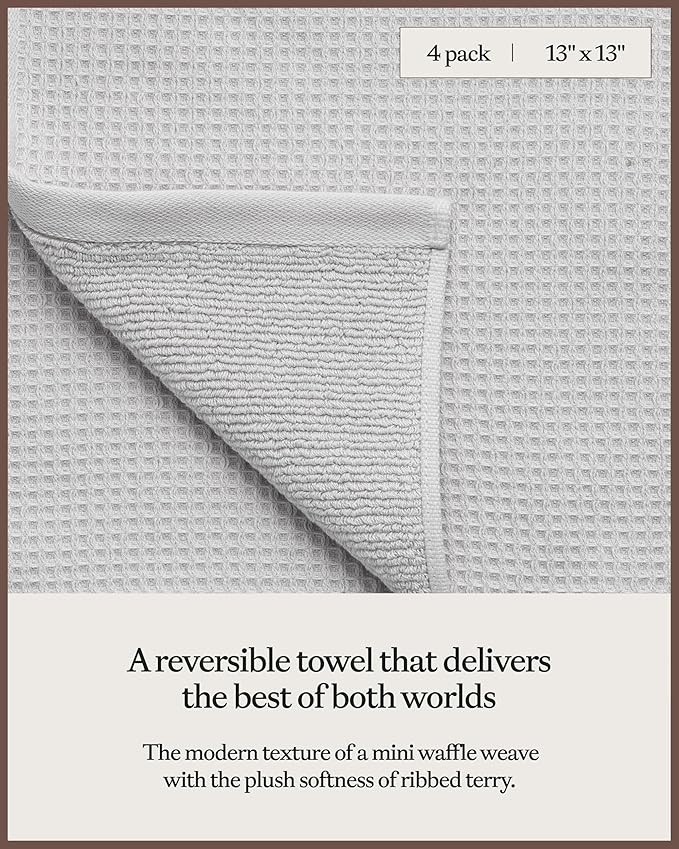 Cozy Earth Waffle Washcloths - 60% Cotton 40% Viscose from Bamboo Washcloths 13 x 13 Inches - Soft & Absorbent Terry, Reversible Mini Textured Waffle & Weave Pattern - 4 Pack
