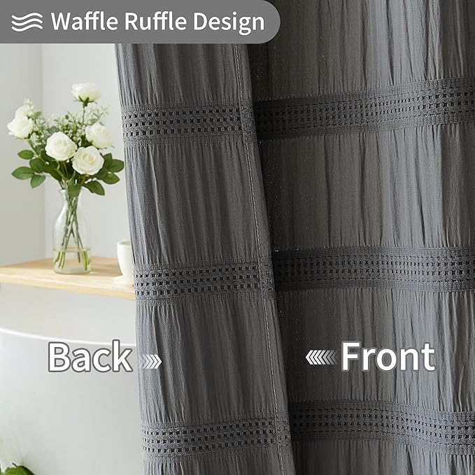 Lameirose Extra Long Grey Shower Curtain Farmhouse,72 x 84 Cotton Blend Waffle Tufted Striped Chic Textured Fabric Shower Curtain for Bathroom, Hotel
