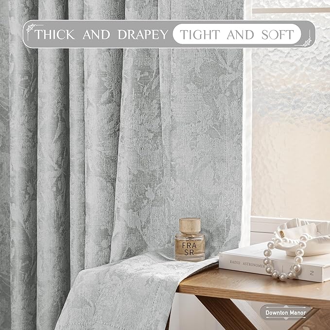 Beauoop Grey Floral Jacquard Blackout Curtains 96 Inches Long 2 Panels for Bedroom Living Room Chenille Flower Room Darkening Thermal Insulated Soundproof Rod Pocket Back Tab Window Drapes, 52x96