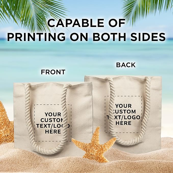 DISCOUNT PROMOS Custom Pristine Cove Canvas Tote with Rope Handles (Set of 10), Personalized Bulk Pack - Beach, Travel, Eco-Friendly - Natural Color, 14.75"X13.5", 12 OZ Cotton, with Zipper