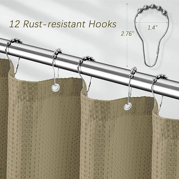PANGSINNE Shower Curtain Taupe Waffle Textured, 256GSM Heavy Duty Weighted Fabric Shower Curtains, Hotel Quality Luxury Polyester Water Repellent Bathroom Curtain with 12 Hooks, 72Wx78H