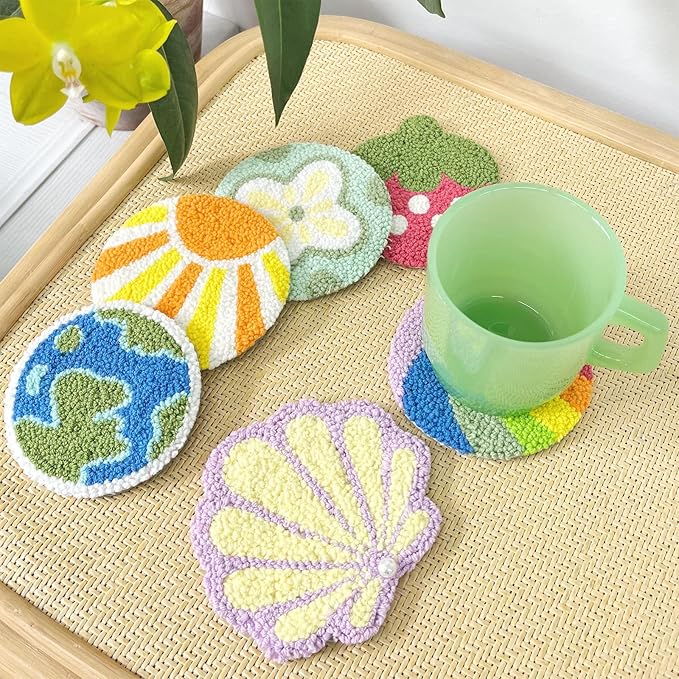 HAND U JOURNEY Craft Punch Needle Coasters Kit - 6 Patterns with Adhesive Felt, Yarns, Embroidery Hoop - Perfect for Adults, Beginners, and Starter with Instructions