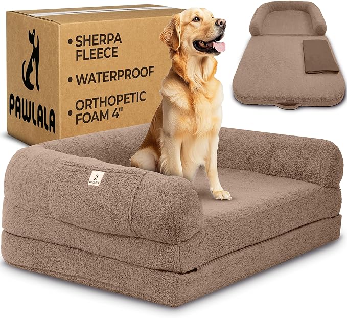2 in 1 Human Dog Bed for Adult Foldable – Waterproof, Orthopedic Foam, Machine Washable Sherpa Cover, Non-Slip Base - Human Size Dog Bed (Almond Brown, 72x44x11)