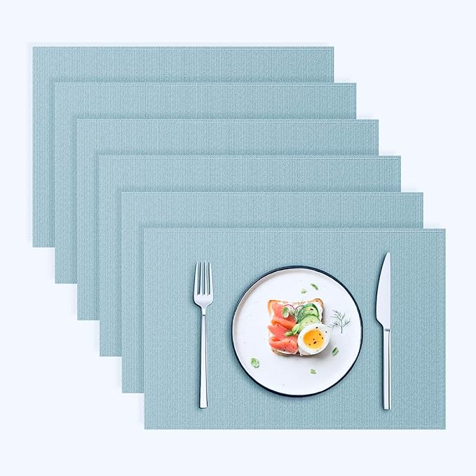 Blue Forest | Rectangular Faux Linen Placemats Set of 6 | Dual- Layered Thickened for Durability | Heat Resistant | Machine Washable | Wrinkle Free for Easy Care Indoor/Outdoor Use - Sky Blue