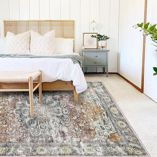 Area Rug 8x10 Washable Rug Taupe Vintage Traditional Mat Distressed Indoor Foldable Thin Retro Accent Rug Floral Print Non Slip Carpet Living Room Dining Room Office