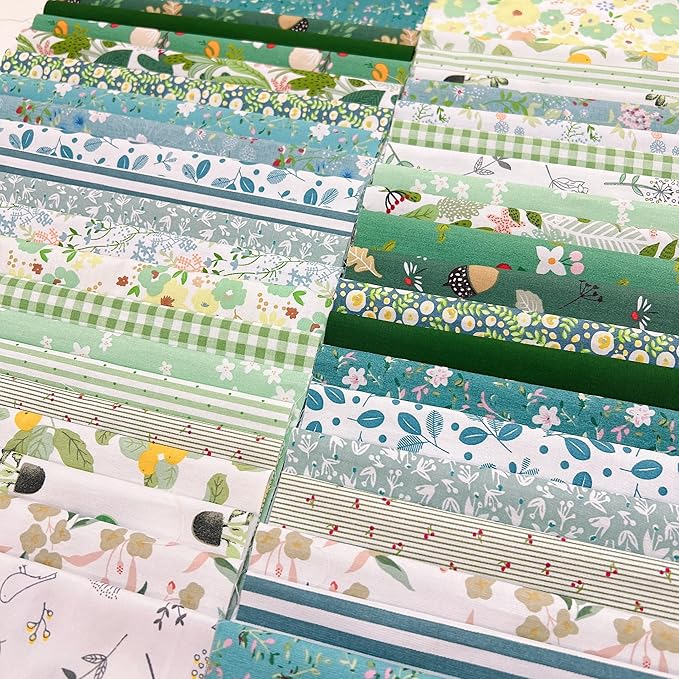 42Pcs 9.8" x 9.8"(25 * 25CM) Cotton Fabric DIY Making Supplies Quilting Patchwork Fabric Fat Quarter Bundles DIY for Quilting Cotton Patchwork Cushions (Green, 9.8" x 9.8")