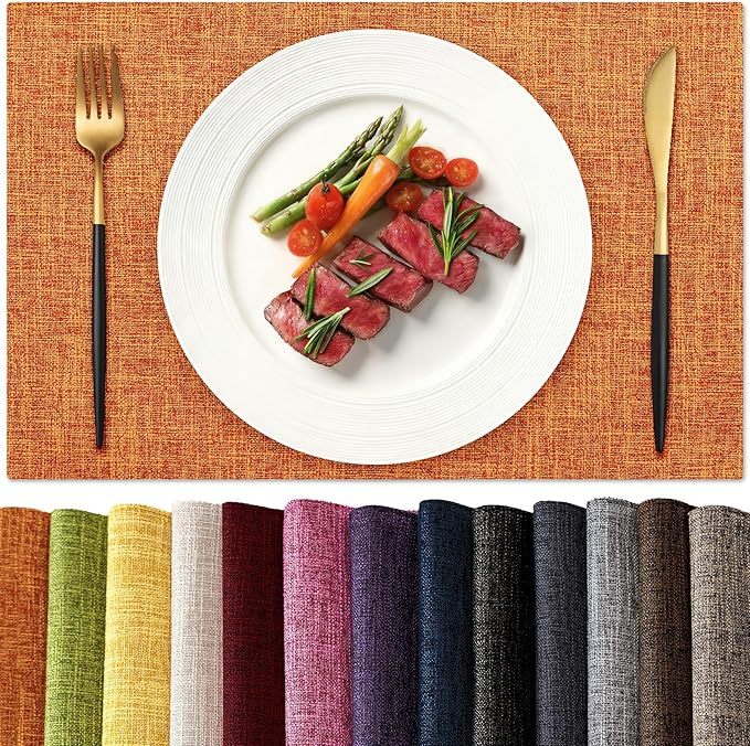 KXN Placemats Set of 6, Dual-Layer Thickened Faux Linen Table Mats, Heat Resistant & Wrinkle-Free, Machine Washable Cloth Place Mats for Kitchen Dining Indoor Outdoor (Orange)