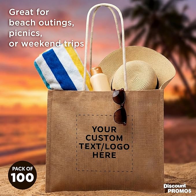 DISCOUNT PROMOS Custom Jute Bags with Rope Handle Set of 100, Personalized Bulk Pack - Reusable, Great for Shopping, Grocery, Promotional or Tradeshow - Natural