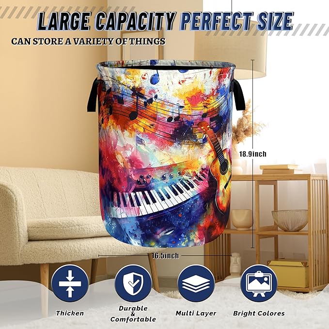Colorful Music Notes Laundry Basket Oxford Cloth Guitar Funny Laundry Hamper With Handle Portable Clothes Storage Basket Foldable Laundry Bag 18.9"x16.5" For Laundry Room/Bedroom/Bathrooms