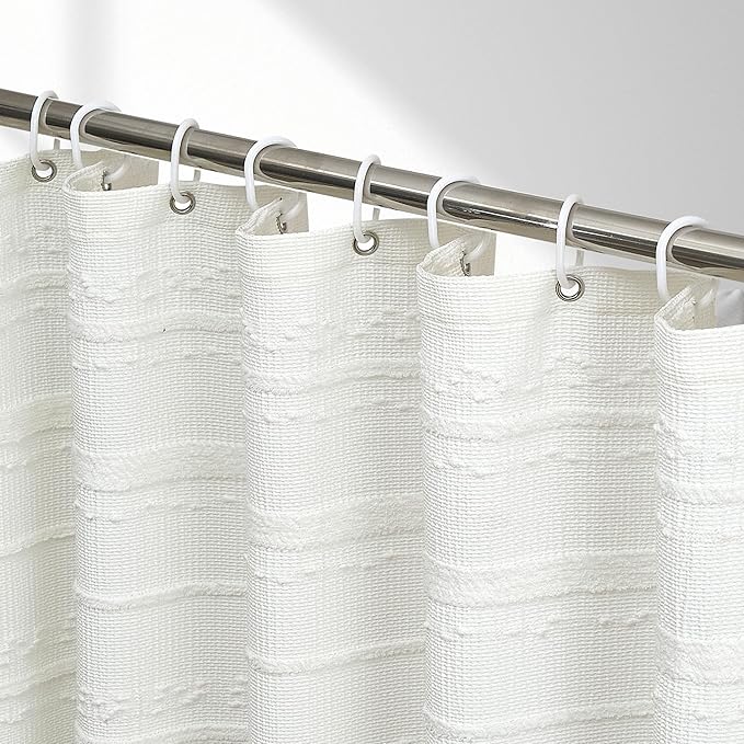 Lameirose Farmhouse White Shower Curtain Boho, 72 x 72 Cotton Blend Tufted Weave Waffle Stripe Textured Heavy Duty, Fabric Shower Curtain for Bathroom, Hotel