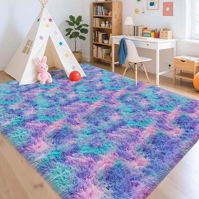 Purple Rainbow Fluffy Soft Area Rug 8x10ft Plush Furry Rugs for Girls Bedroom Kawaii Shaggy Rug for Living Room Fuzzy Nursery Rug for Baby Toddler's Room Cute Colorful Room Decor for Kids