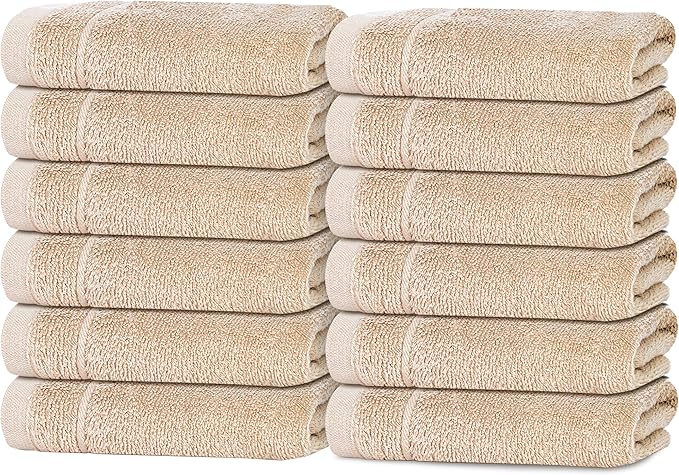 Tens Towels Pack of 12 Washcloths, 12 x 12 Inches, Lighter Weight, Quick to Dry, Super Soft & Absorbent, Gentle Face Towels, Hotel Quality, Perfect for Bathroom, Gym, Spa (Beige, 12 Pack)