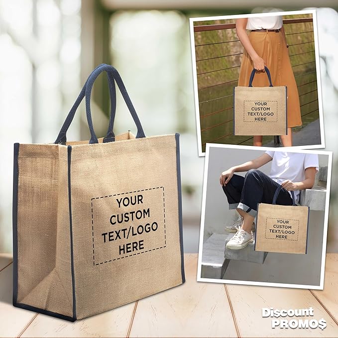 DISCOUNT PROMOS Custom Fresno Eco Friendly Jute Tote Bags Set of 10, Personalized Bulk Pack - Reusable, Great for Tradeshows, Grocery, Shopping and Outdoor Events - Blue