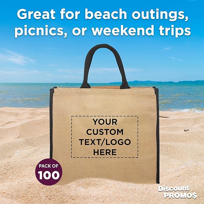 DISCOUNT PROMOS Custom Fresno Eco Friendly Jute Tote Bags Set of 100, Personalized Bulk Pack - Reusable, Great for Tradeshows, Grocery, Shopping and Outdoor Events - Black