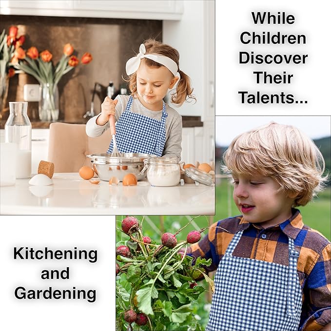 Kids Aprons for Cooking Waterdrop Resistant Aprons for Girl & Boy Toddler Apron for Painting, Gardening, Baking, Smock (Plaid Navy Blue, Medium (6-10 years)