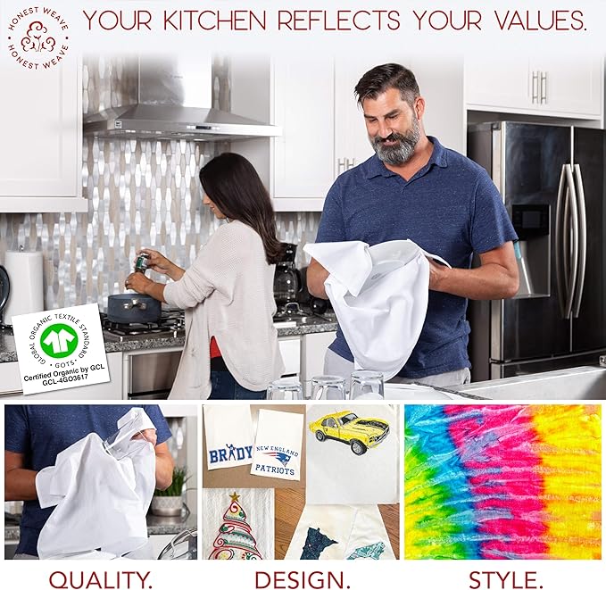 HONEST WEAVE GOTS Certified 100% Organic Flour Sack Cotton Kitchen Hand and Dish Towel Sets - Extra Large 27x27 inches, Fully Hemmed, 12-Pack, White