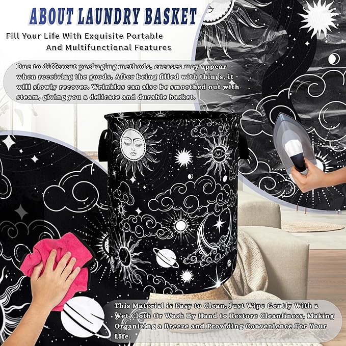 Beautiful Clouds Sun Stars Laundry Basket Oxford Cloth Moon Laundry Hamper With Handle Portable Clothes Storage Basket Foldable Funny Laundry Bag 18.9"x16.5" For Laundry Room/Bedroom/Bathrooms