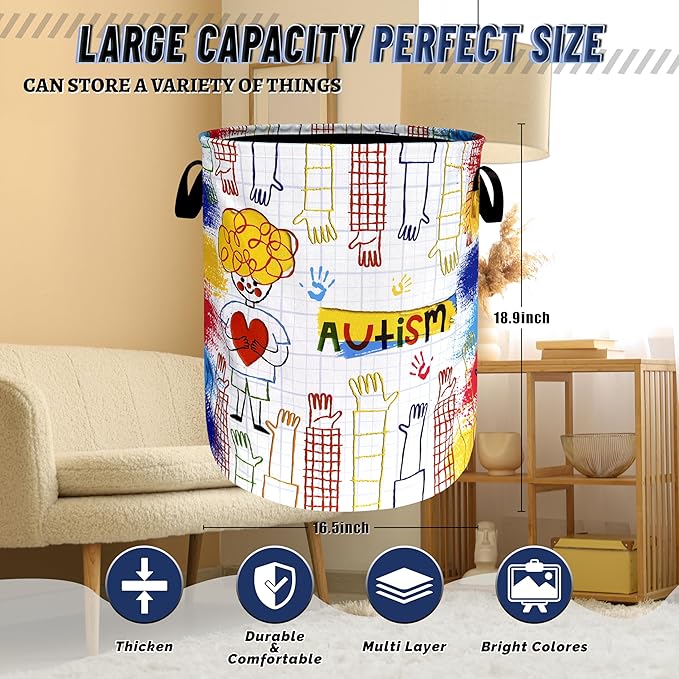 Funny Autism Awareness Laundry Hamper Oxford Cloth Colorful Autism Laundry Basket With Handle Portable Clothes Storage Basket Foldable Laundry Bag 18.9"x16.5" For Laundry Room/Bedroom/Bathrooms
