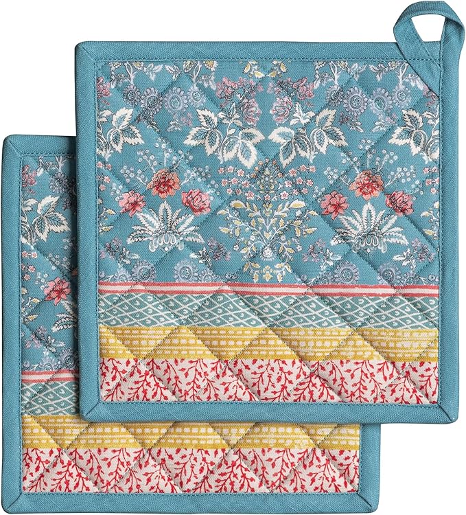 Maison d' Hermine Pot Holders Set 100% Cotton Heat Resistant Potholders 8" x 8" Hot Pads with Loop BBQ, Cooking, Baking, Grilling, Kitchen, Handling Hot Pans Spring/Summer (Pack of 2, Marquise)