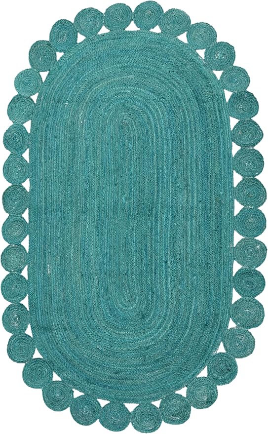 Oval Rug 12x18 Area Rug Kilim Rug Turquoise Solid Design 0.27 inches ThickIndoor Outdoor Rug Flatweave Rug High Traffic Area Lake House Bedroom Dining Room Living Room
