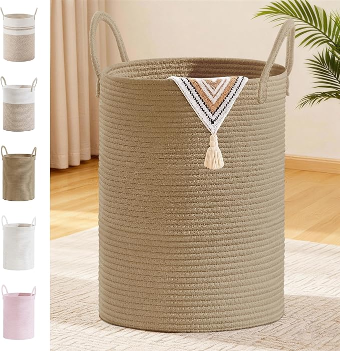 SunNewt Tall Laundry Basket with Handles, 100L Portable Dirty Clothes Hamper, Boho Cotton Rope Storage Bin for Blankets Kids Toys Gifts, Extra Large Organizer for Baby Nursery Bedroom Bathroom, Jute