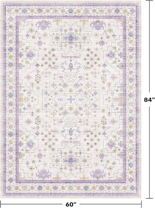 5x7 Light Purple Area Rug for Girls Bedroom, Living Room, Nursery, Non Slip Washable Area Rugs, Lavender and Cream with Green Accent, Low Pile Foldable Carpet