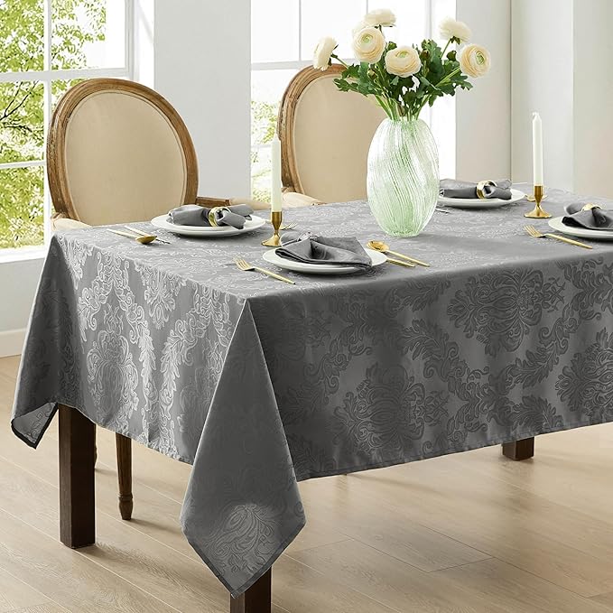 Newbridge Barcelona Damask Fabric Tablecloth, 52 x 52 Inch Square, Grey – No Iron, Soil Resistant Table Cover for Dining, Parties and Holidays