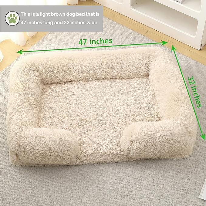 CareCooo Orthopedic Dog Bed for XXL Dogs - Washable Memory Foam Pet Sofa, Fluffy Plush Rectangular Bed, Waterproof Anti-Anxiety Couch, Light Brown, XXL