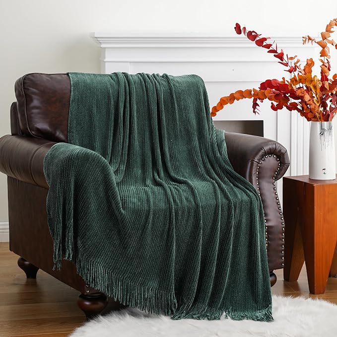 BATTILO HOME Dark Green Throw Blanket for Couch, Soft Chenille Knit Throws with Tassels for Home Decor, Christmas Green Throws for Bed Couch Cover, 60"x80"