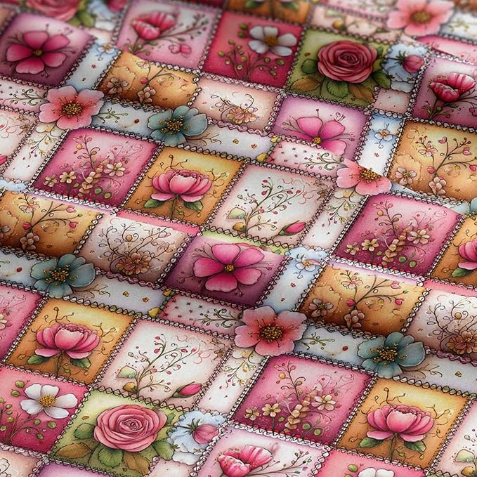 Soft Rose Garden Patchwork Cotton Fabric Panel 61 x 36.6 Inches, Floral Vintage Quilt Pattern, Pink Pastel Tones, 100% Cotton 140 GSM