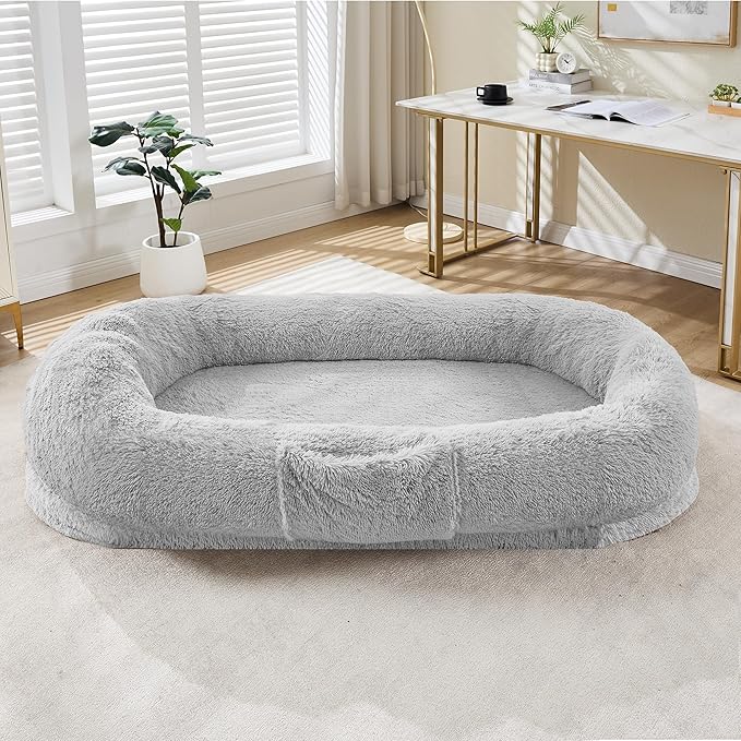 Festisoul Large Plush Dog Bed with Raised Headrest, Orthopedic Pet Bed for Dogs & Cats, Washable Fleece Pet Bed for Large Breeds, White Grey (19x14x9 Inches)