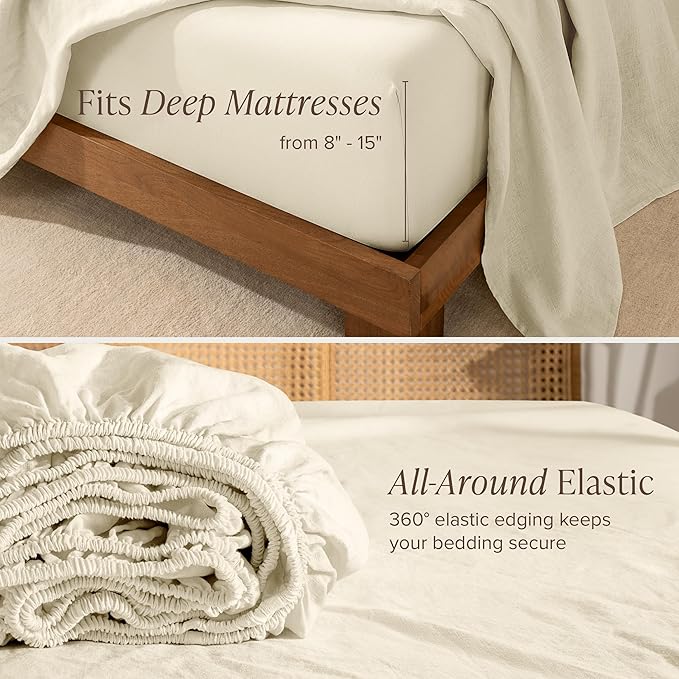 Bare Home Queen Sheet Set - Luxury 100% Linen Bed Sheets - Deep Pockets - Easy Fit - 4 Piece Set - Bedding Sheets & Pillowcases (Queen, Natural)