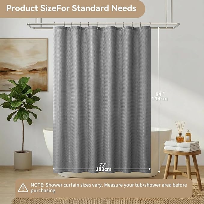 Lameirose 3 in 1 Shower Curtain Set, Waffle Shower Curtain and Liner Set with 12 Double Sided Shower Curtain Hooks, 72 x 84 Fabric Shower Curtains for Bathroom, Grey