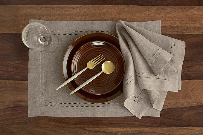 Solino Home Linen Placemats Set of 4 - Double Hemstitch Natural Placemats 14 x 19 Inch - 100% Pure Linen Table Place Mats for Spring, Easter