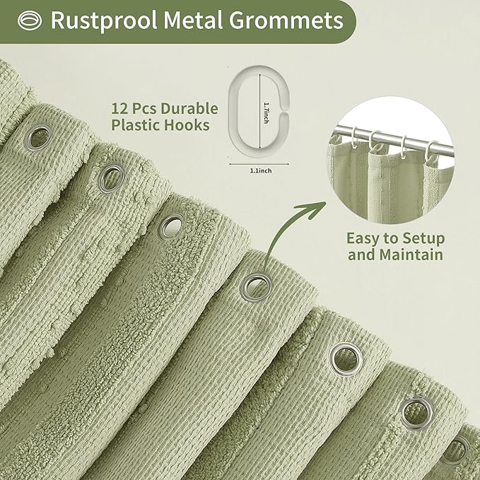 Lameirose Sage Green Shower Curtain Boho, Cotton Blend Waffle Shower Curtain Farmhouse, Fabric Shower Curtains for Bathroom, Hotel, Washable 72 x 72