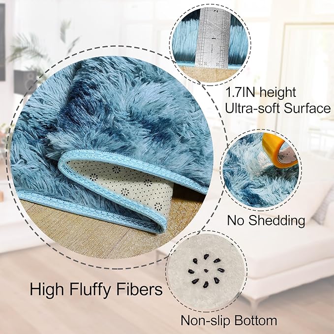 3x10ft Plush High Pile Blue Tie-Dyed Rug Fluffy Soft Runner Bedside Rug for Bedroom Living Room Hallway Nursery Kids Home Decor Shag Carpet