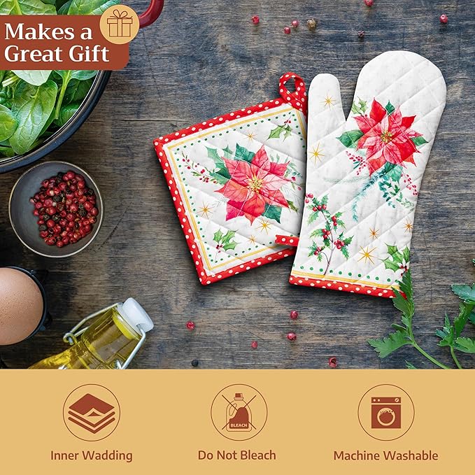 Maison d' Hermine Pot Holders Set 100% Cotton Heat Resistant Potholders 8" x 8" Hot Pads with Loop for Thanksgiving Christmas Decorations Baking Handling Hot Pans (Pack of 2, Poinsettia Christmas)